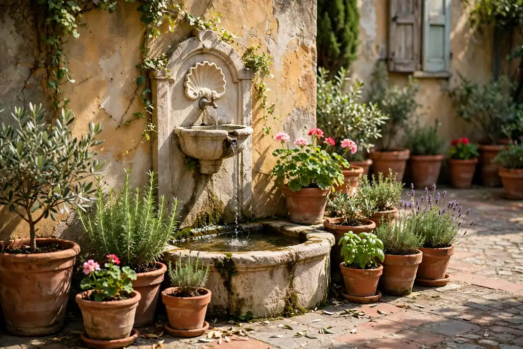 Small wall fountain in an Italian courtyard surrounded by terracotta pots.
