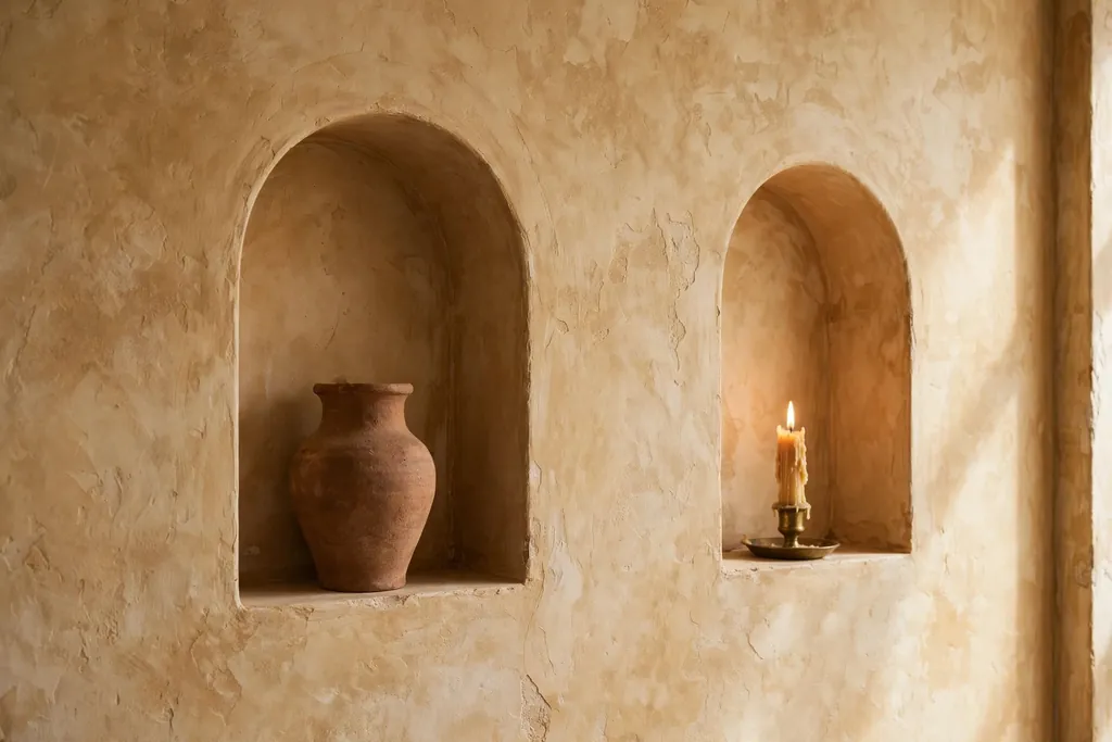 Italian living room wall with arched niches holding a terracotta vase and a candle.