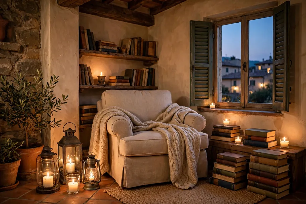 Cozy Italian reading corner at dusk with lit lanterns