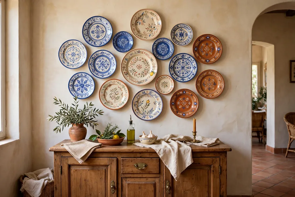 Wall display of hand painted ceramic plates in blue