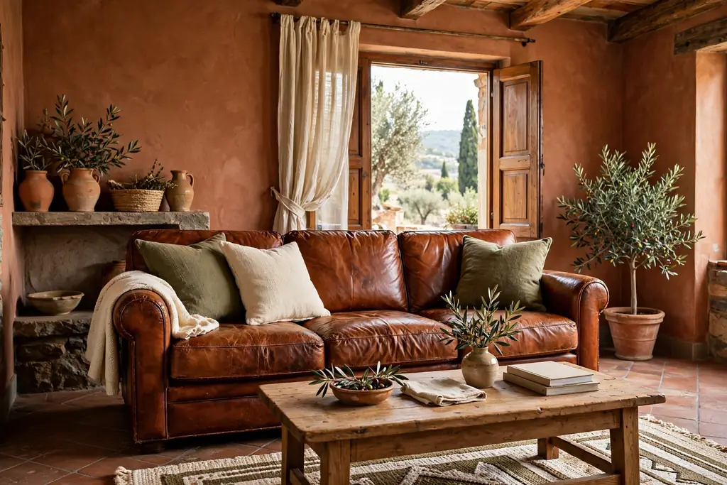 Italian living room anchored by a cognac leather sofa with olive and cream cushions.