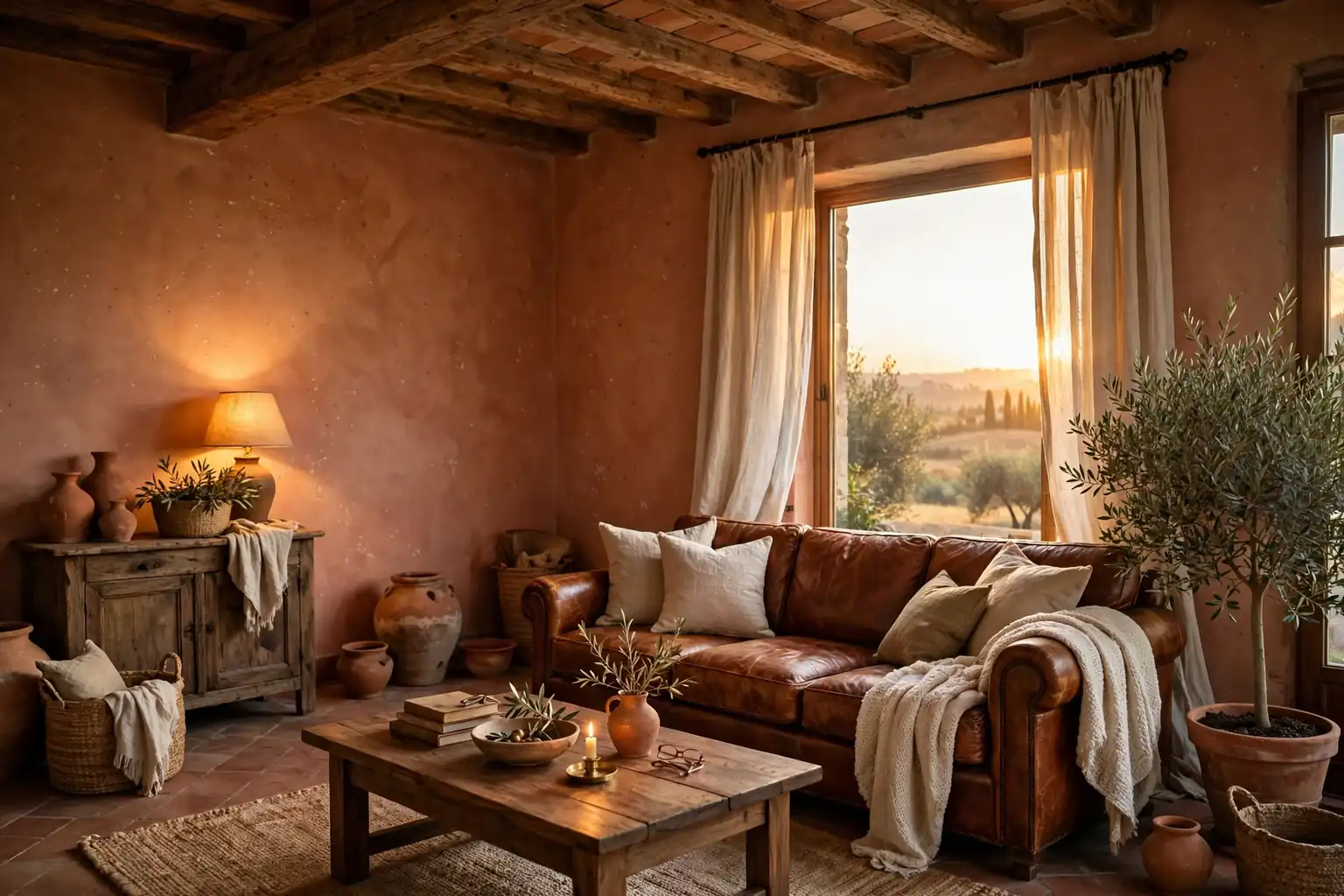 Wide warm Italian style living room at golden hour with terracotta walls
