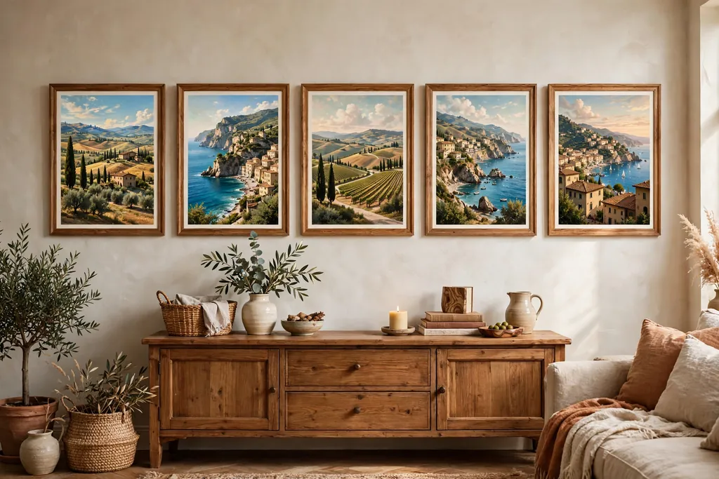 Framed Italian landscape prints of hills and coastlines in wood frames hung above a sideboard.