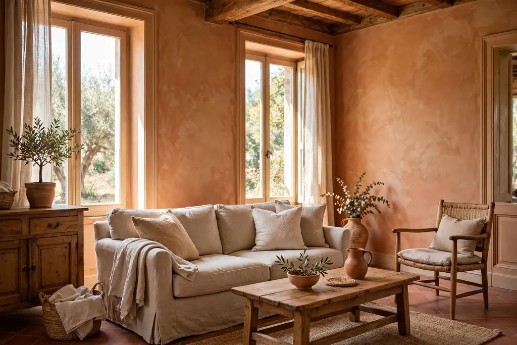 Italian living room with soft warm terracotta limewash walls and warm white trim.