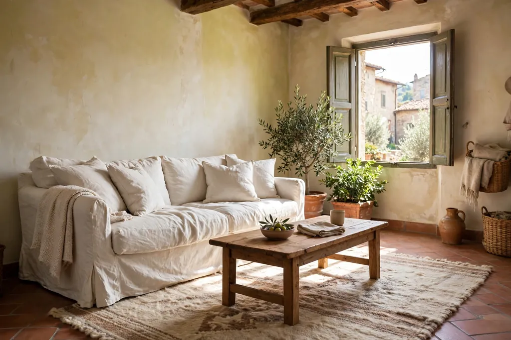 Relaxed linen slipcovered sofa in warm white in an Italian living room.