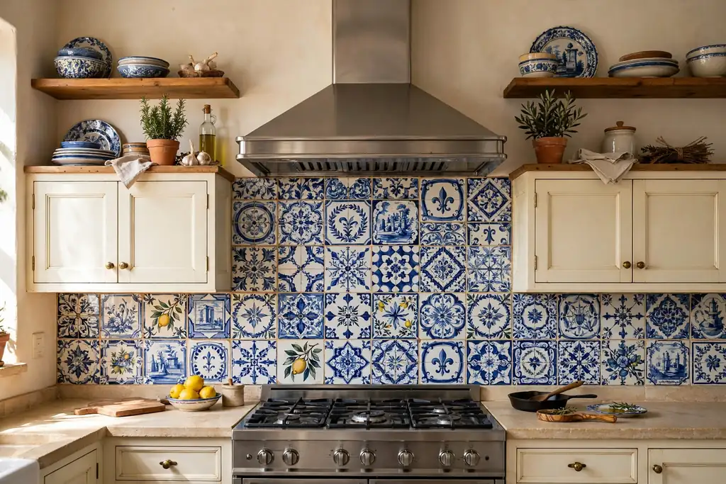Italian kitchen wall with a hand painted blue and white majolica tile backsplash above a stove.