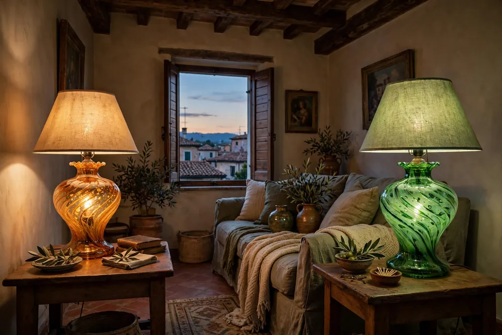 Murano glass table lamps in amber and green glowing softly on side tables at dusk.