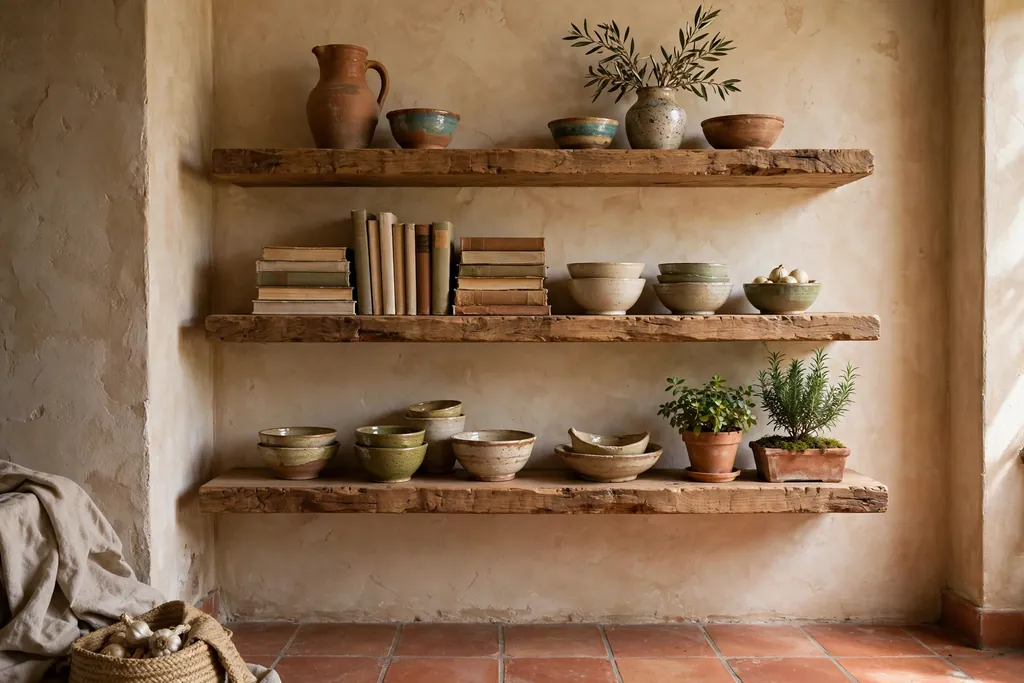 Open thick wood shelves holding ceramics