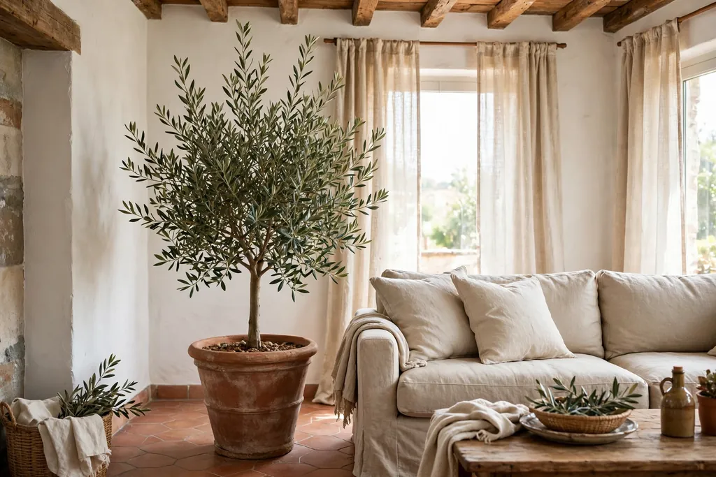 Potted olive tree in a large terracotta pot beside a sofa in a bright Italian living room.