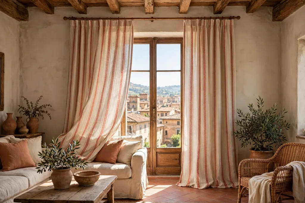 Floor length striped linen curtains in cream and soft rust framing a tall window.