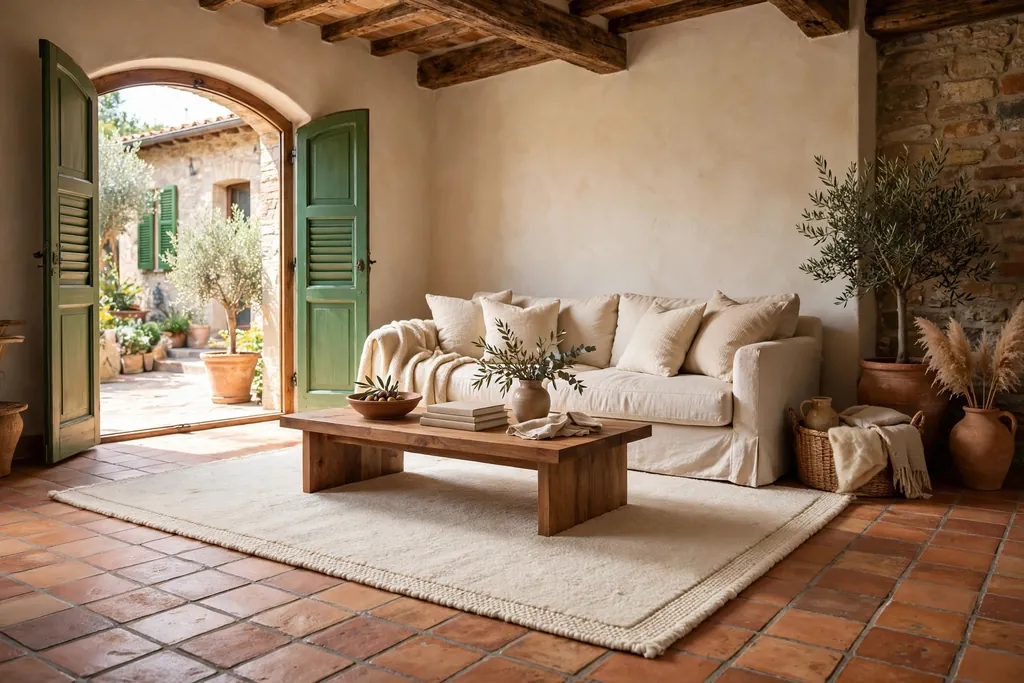 Italian room with warm terracotta tile floors softened by a large cream wool rug.