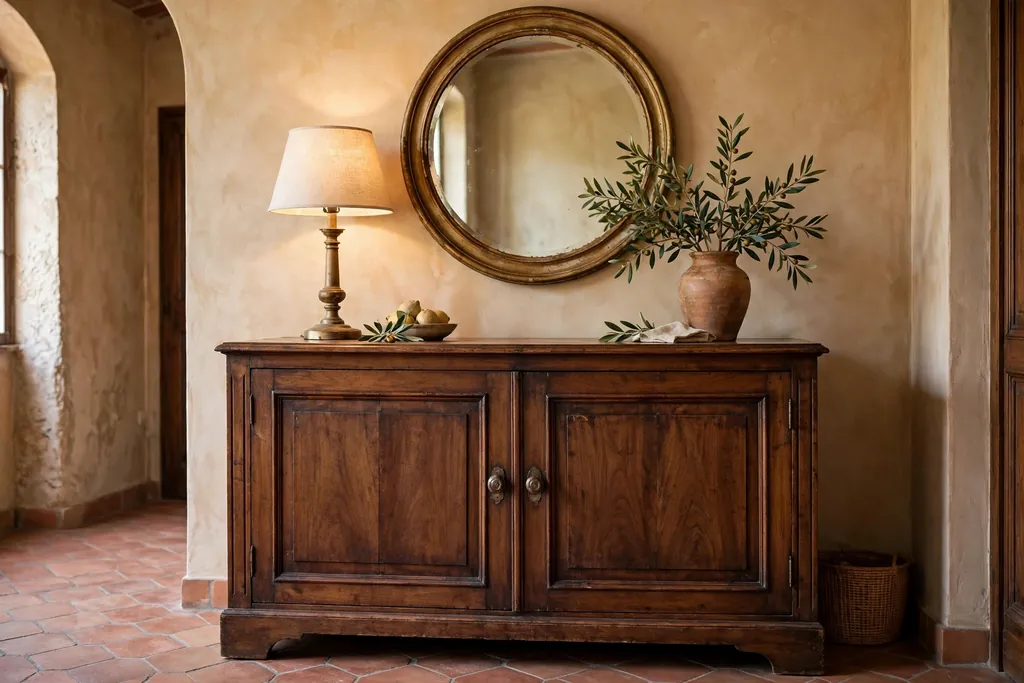 Antique walnut credenza with doors under a round mirror in an Italian room.