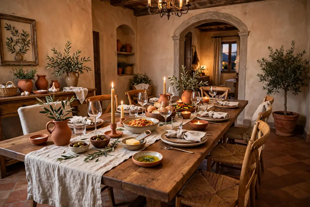Long walnut wood dining table set for a family meal in an Italian dining room.