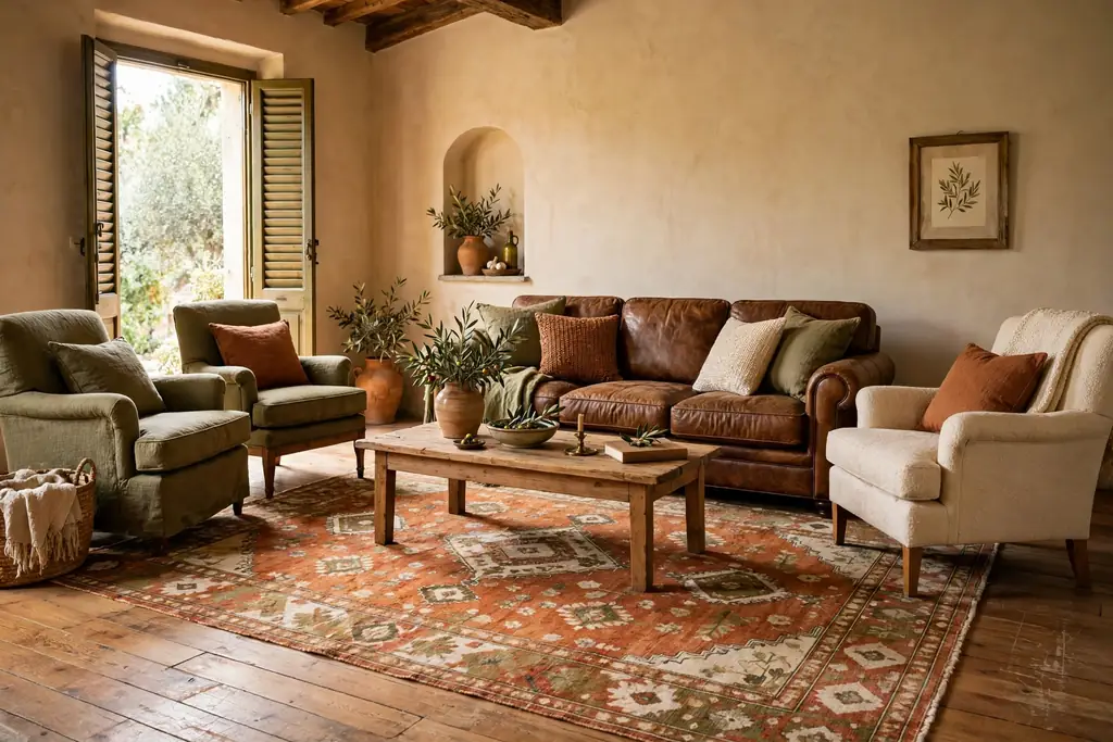 Italian living room seating group on a warm vintage rug in rust