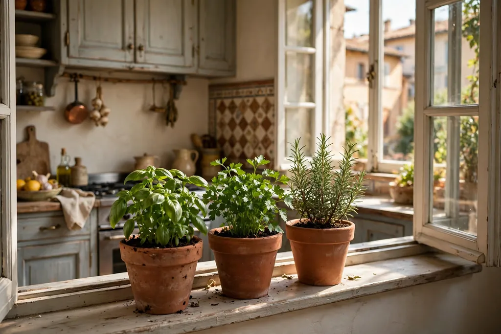 Sunny kitchen windowsill with basil
