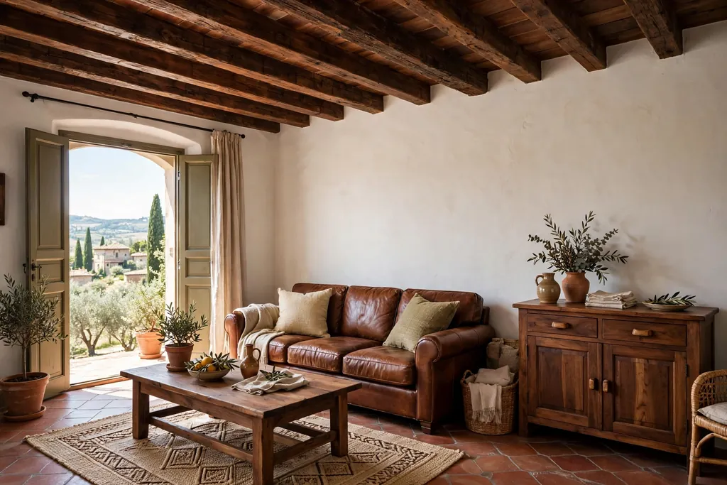 Italian living room with exposed dark walnut wood ceiling beams and warm white walls.