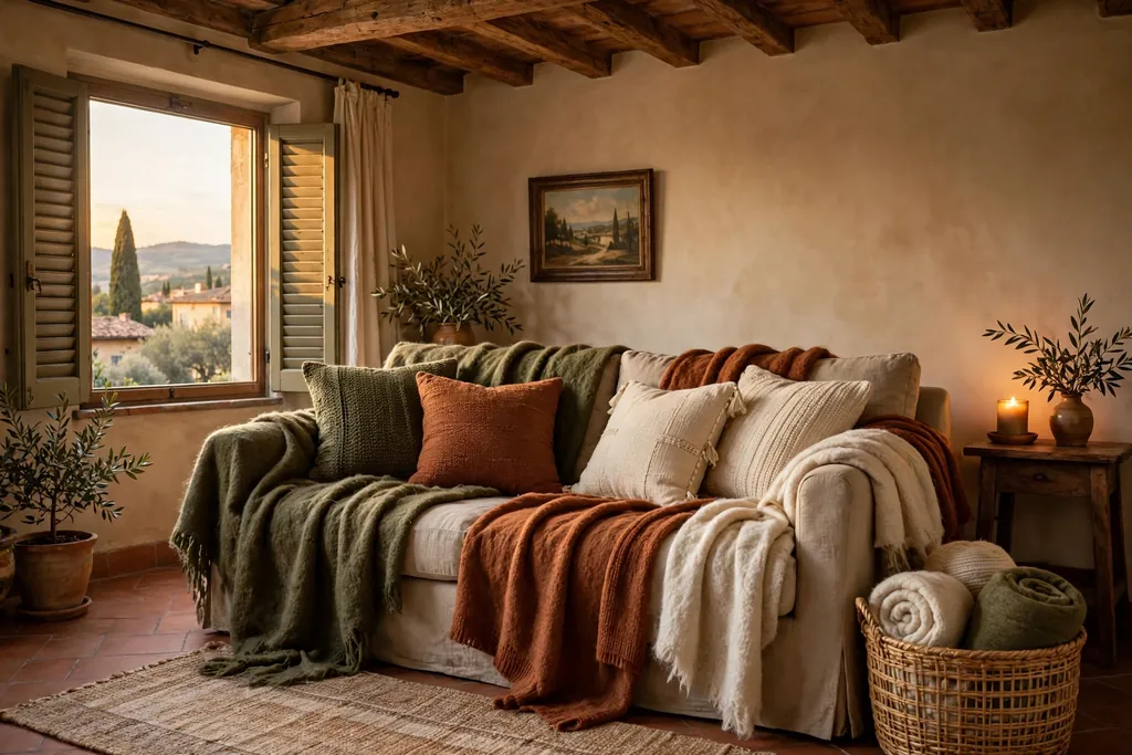 Sofa layered with wool throws and cushions in olive