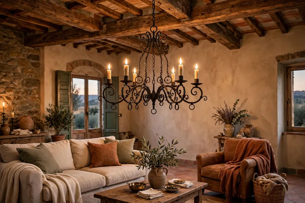 Wrought iron candle style chandelier hanging over a seating area in an Italian living room.