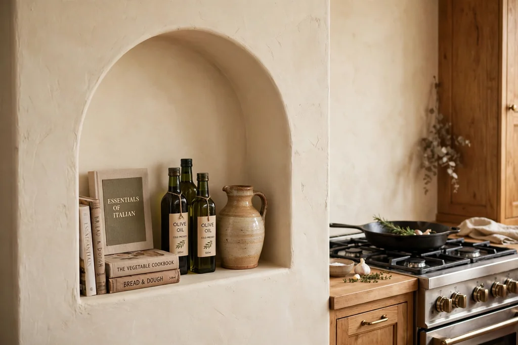 Arched wall niche holding cookbooks, olive oil bottles, and a ceramic jug beside a stove