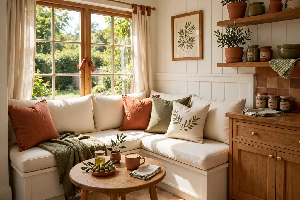 Corner bench nook with cushions and a small round table by a kitchen window