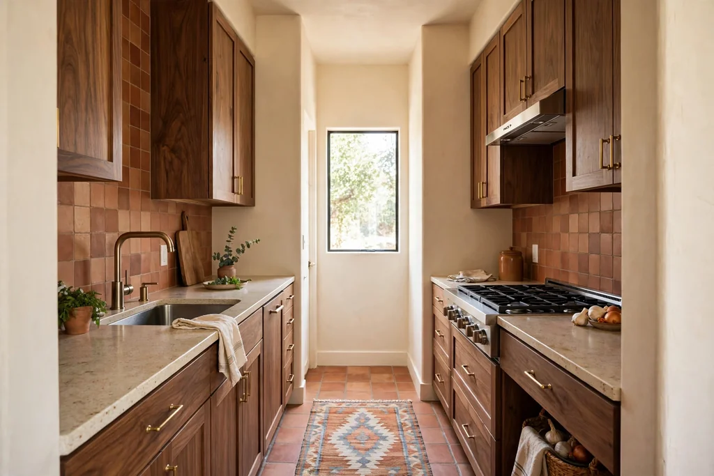 Narrow galley kitchen with cream walls, terracotta accents, and walnut wood details