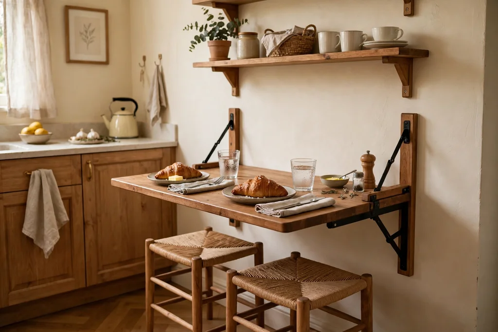 Fold-down wall table set for two people in a small kitchen, with stools tucked nearby