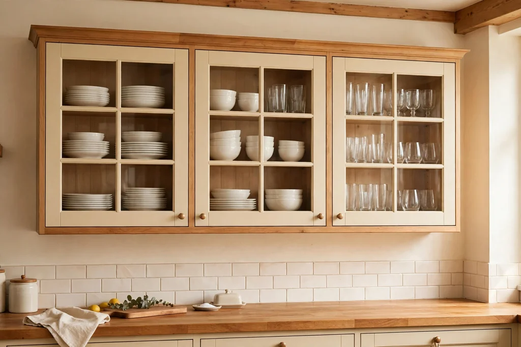 Upper kitchen cabinets with glass fronts showing white dishes and glasses above a counter