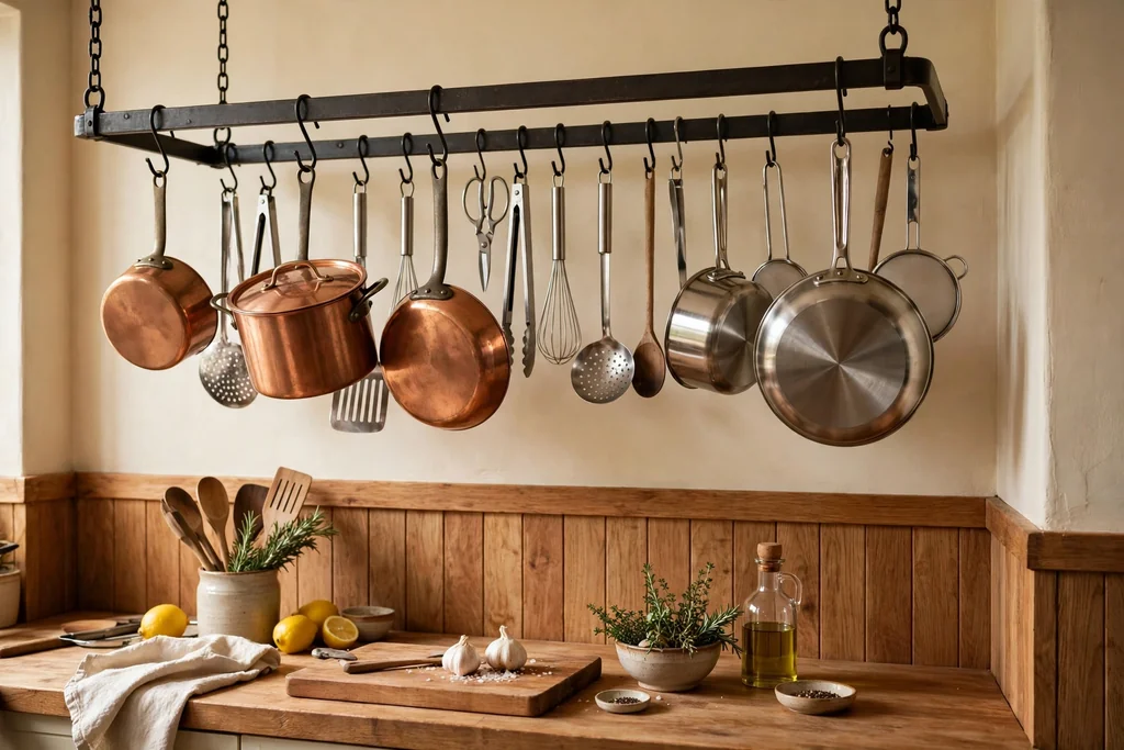 Metal hanging rail with copper and steel pots and cooking tools above a kitchen counter
