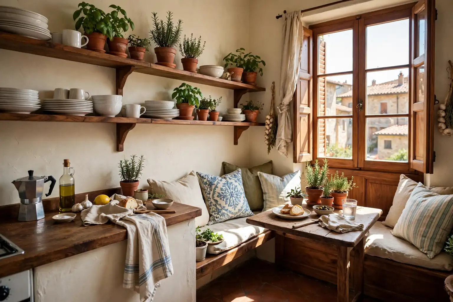 Small Italian kitchen with cream walls, open wood shelves, terracotta pots, and a sunny dining nook