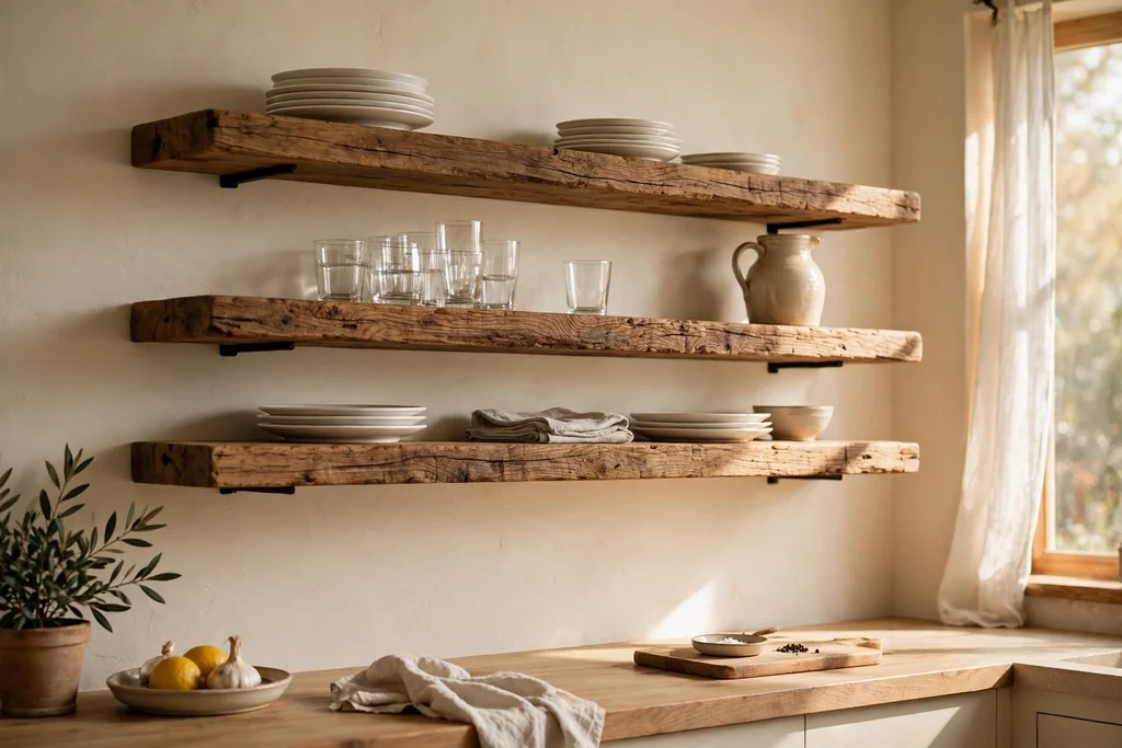 Open wooden shelves holding white dishes, glasses, and a ceramic jug above a kitchen counter