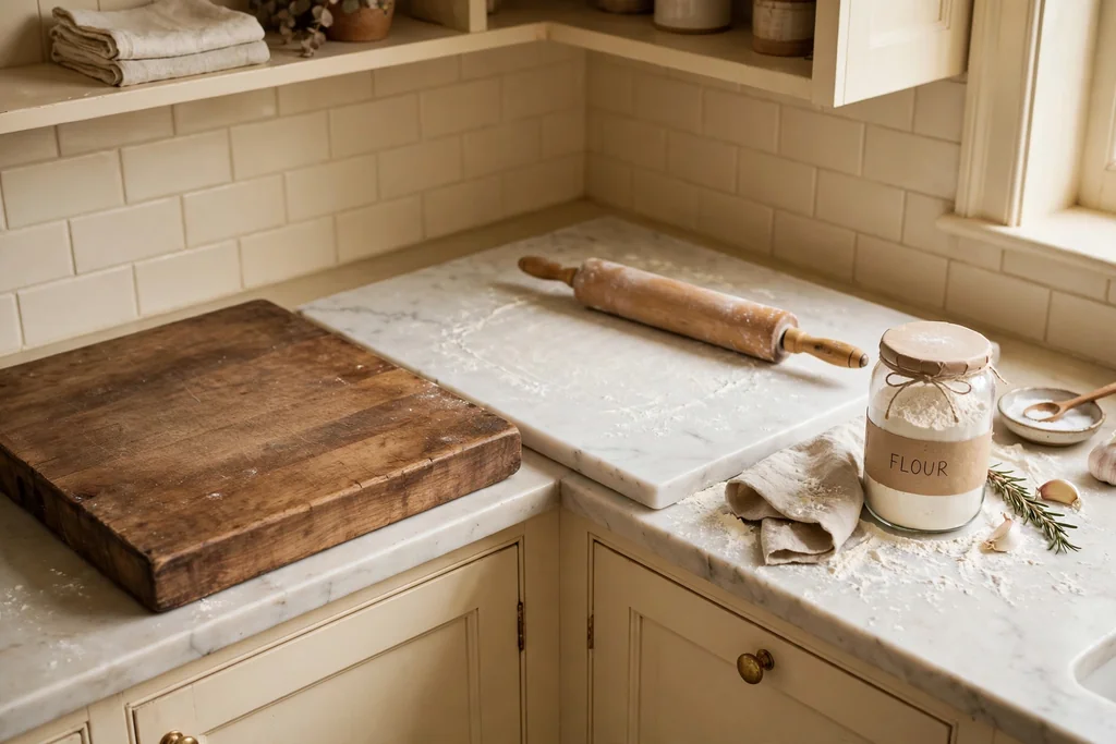 Kitchen counter corner with a large wood board, a marble slab, flour, and a rolling pin