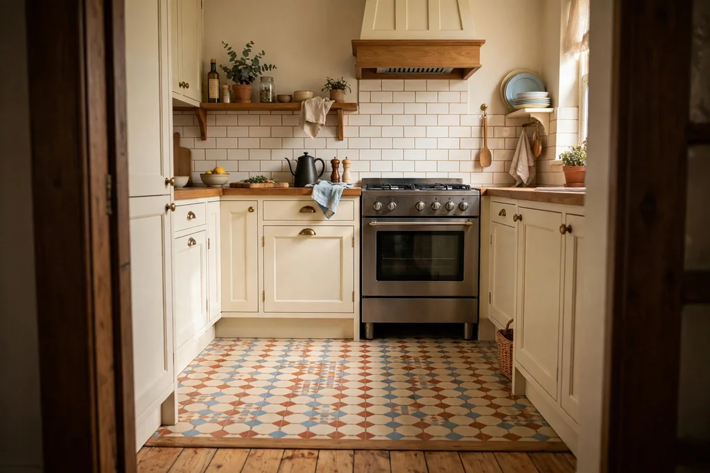 Small kitchen with patterned cream and terracotta floor tiles marking the cooking zone