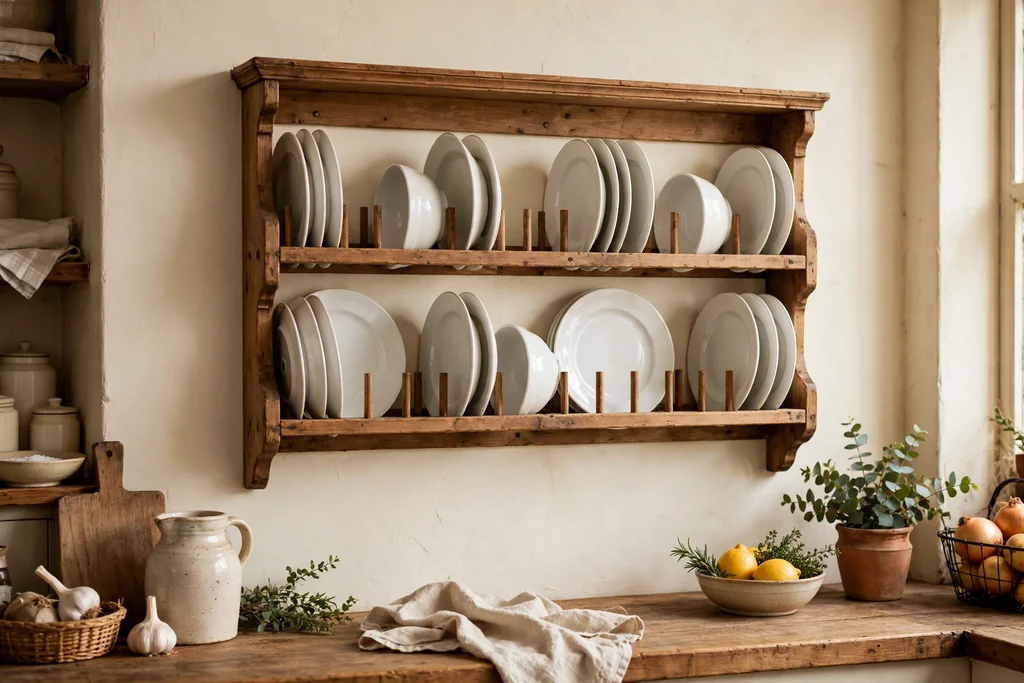 Wooden wall plate rack holding upright white plates and bowls in a farmhouse kitchen
