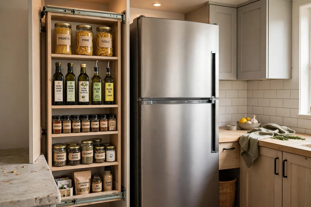 Slim pull-out pantry unit slid open beside a fridge, showing jars of pasta, oils, and spices
