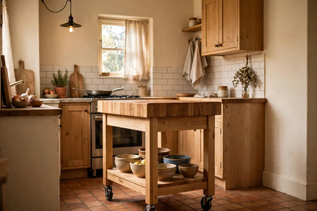 Slim rolling butcher block island with a wood top and lower shelf in a small kitchen