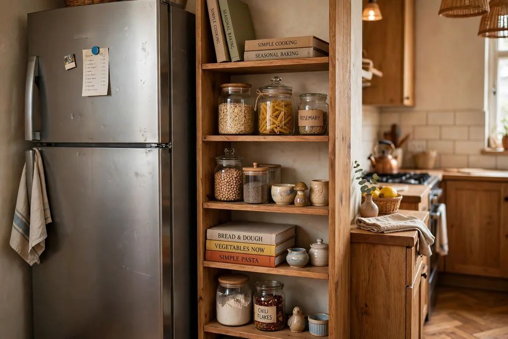 Tall narrow open shelf unit beside a fridge holding cookbooks, jars, and ceramics