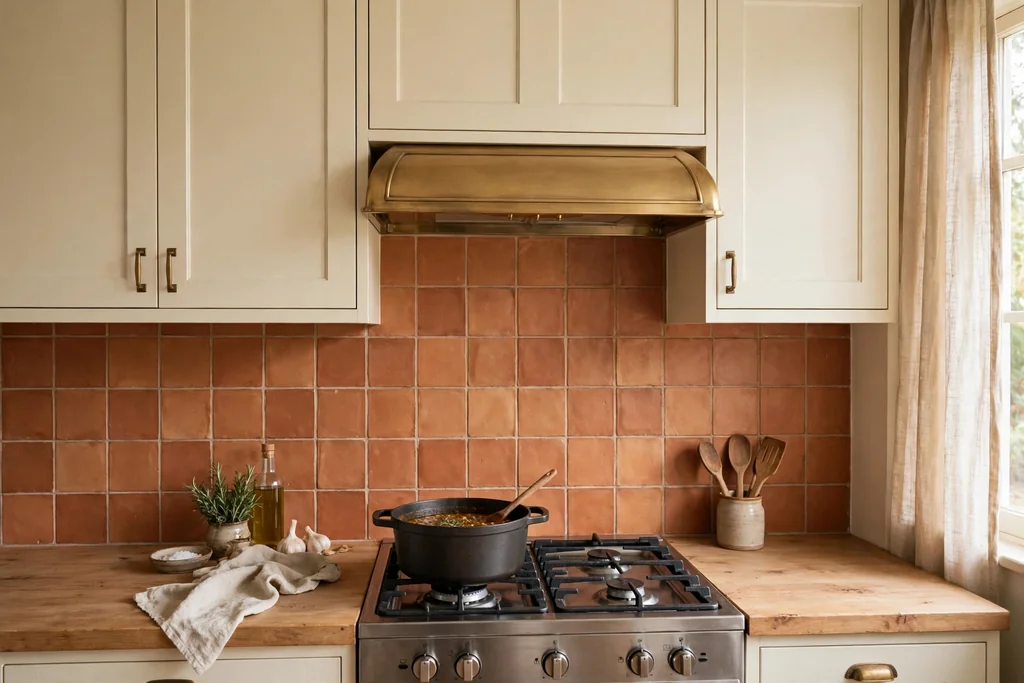 Kitchen stove wall with a warm terracotta tile backsplash and cream cabinets
