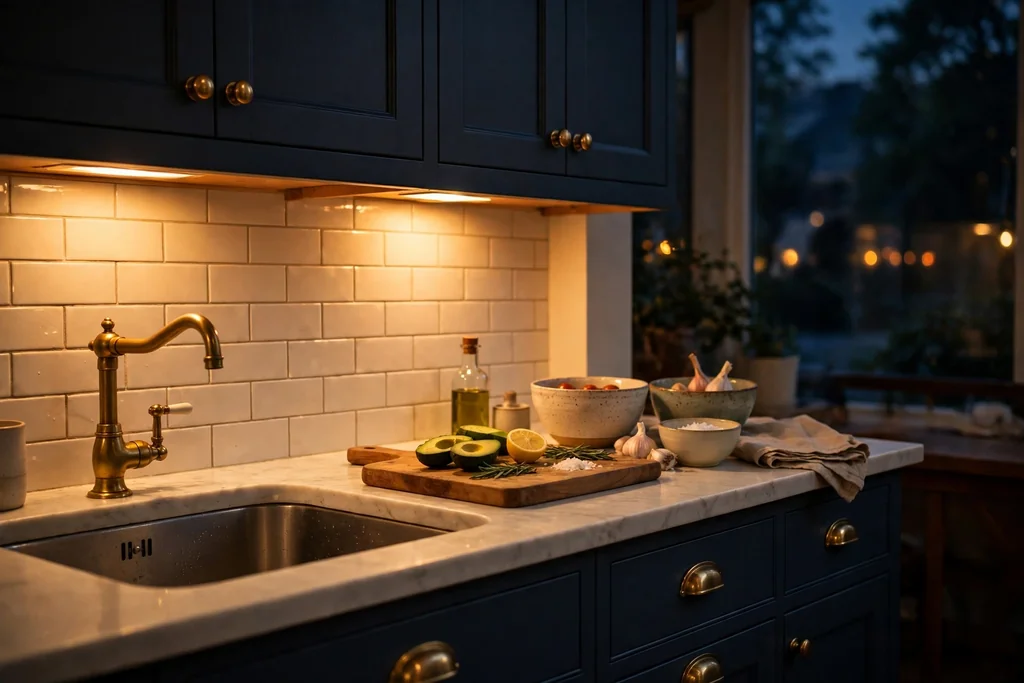 Kitchen counter lit by warm under-cabinet light with brass tap and handles in the evening