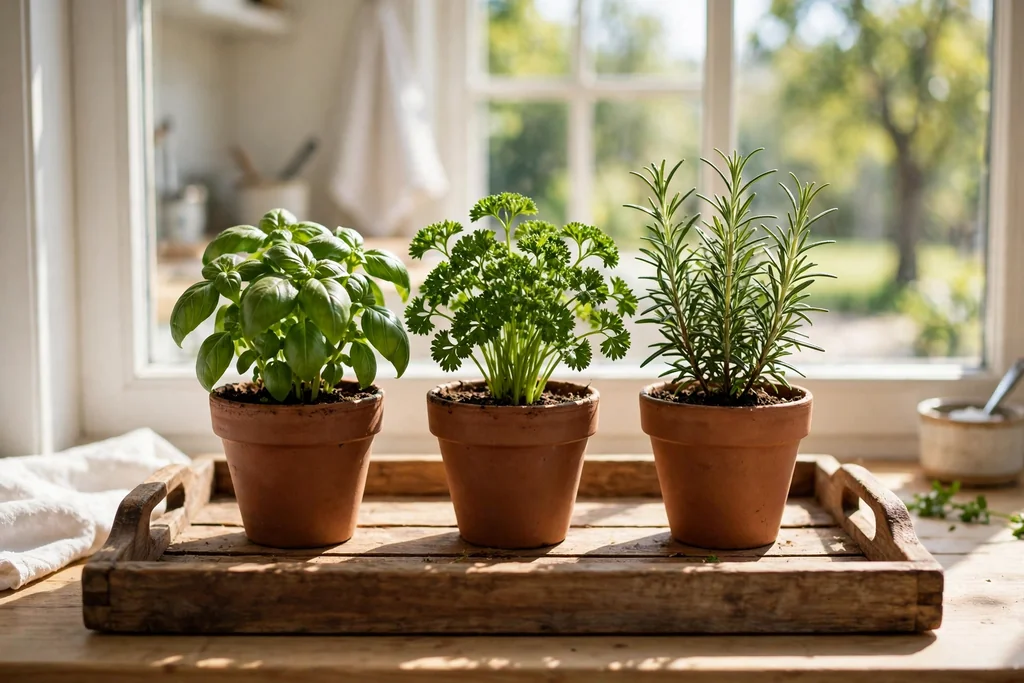 Sunny kitchen windowsill with basil, parsley, and rosemary growing in terracotta pots