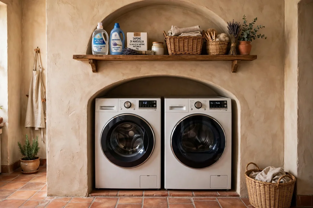 Arched niche with a washer and dryer and a shelf above in an Italian laundry room.