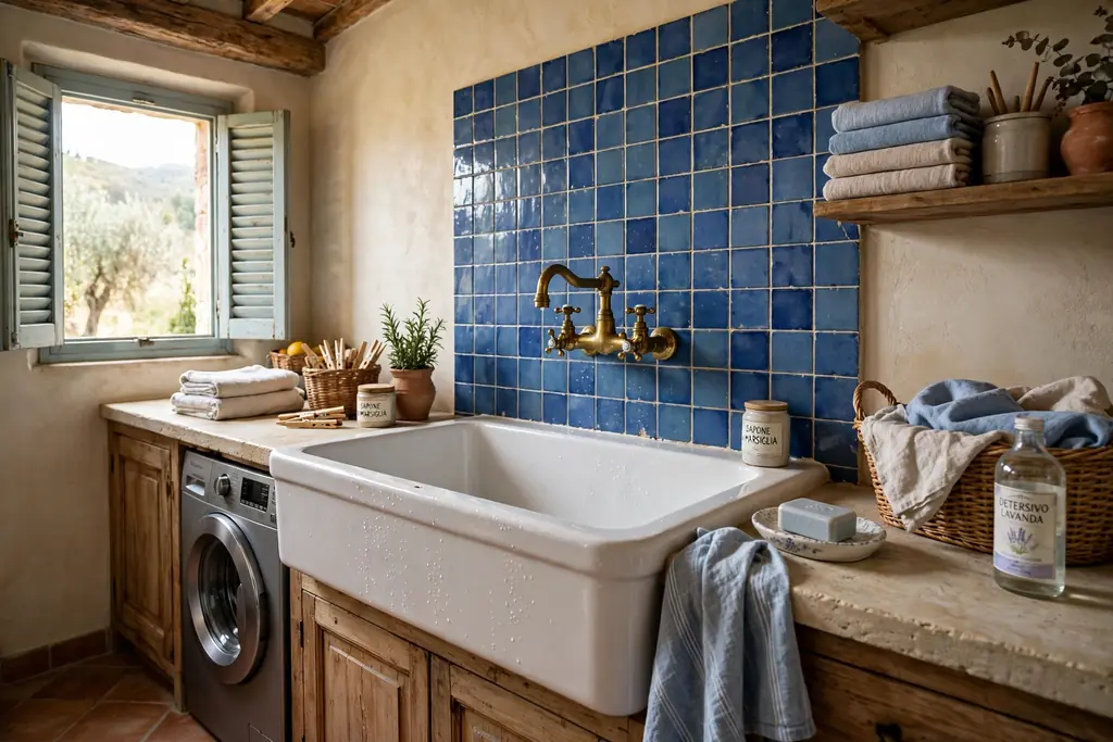 Deep farmhouse sink with a brass tap and blue tiled splashback in an Italian laundry room.
