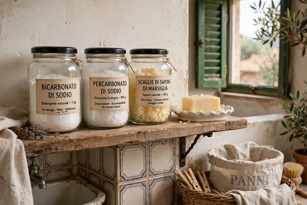 Labelled glass jars of laundry supplies on a wooden shelf in an Italian laundry room.