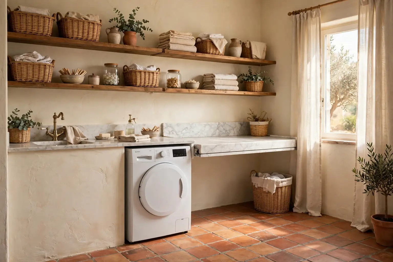 Warm Italian laundry room with terracotta tile floor, cream plaster walls, wooden shelves, and linen curtains.