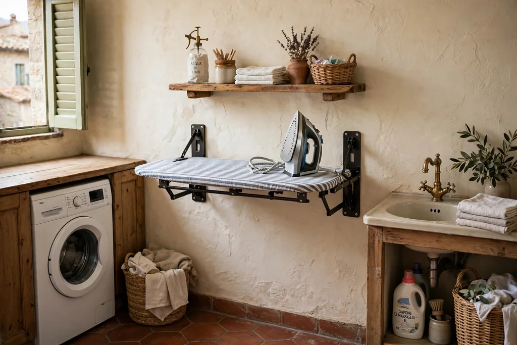 Wall mounted ironing station with a fold down board and iron in an Italian laundry room.
