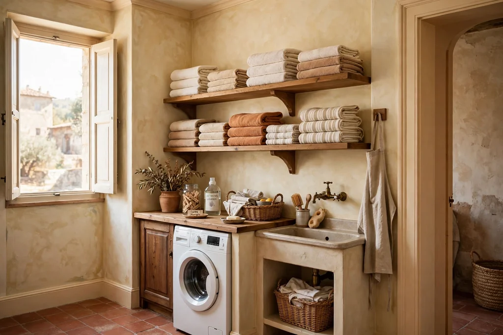 Italian laundry room with warm cream limewash plaster walls and wooden shelves.
