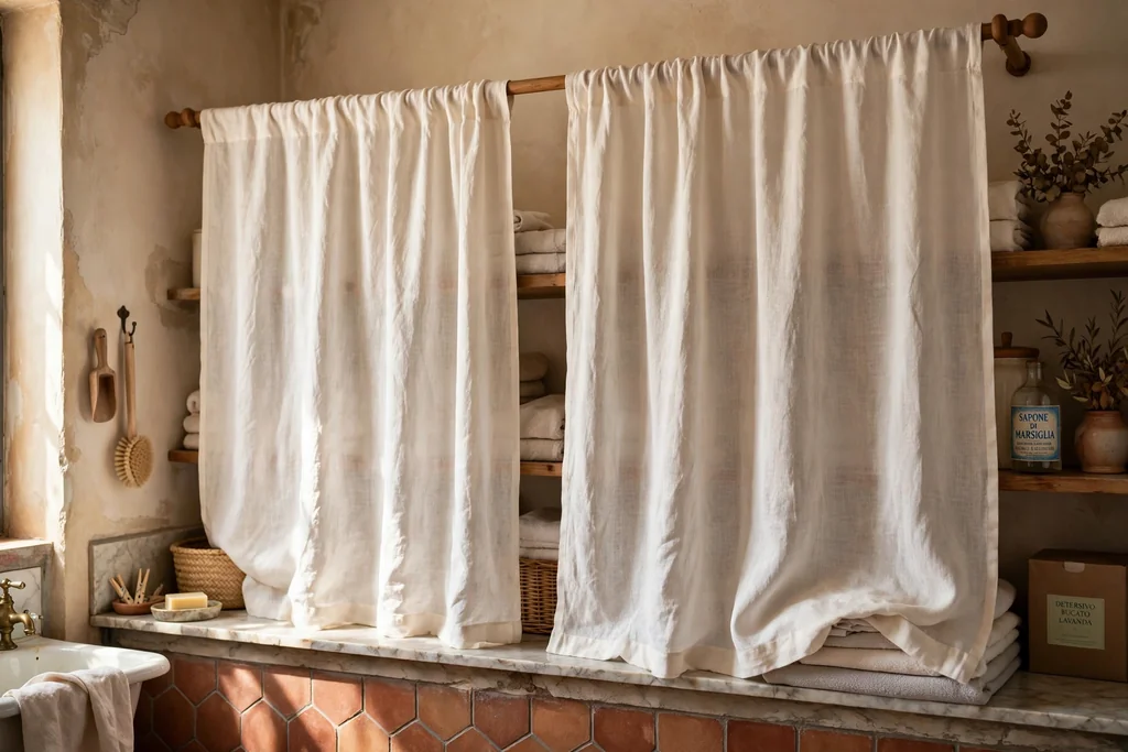 Warm white linen curtains covering open shelves in an Italian laundry room.