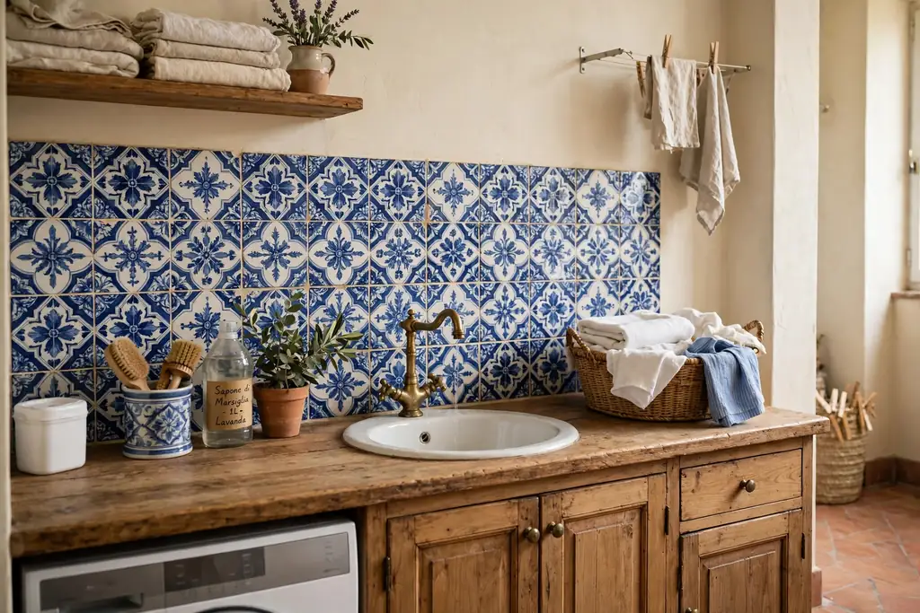 Blue and white majolica tile splashback behind a sink in an Italian laundry room.