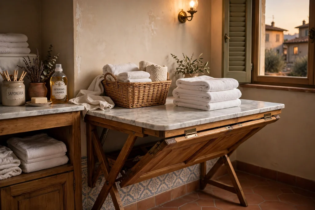 Marble topped folding counter in an Italian laundry room with folded towels and a basket.