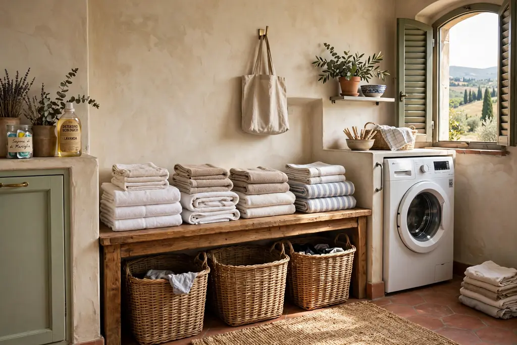 Laundry sorting nook with a wooden bench and three woven baskets in an Italian laundry room.