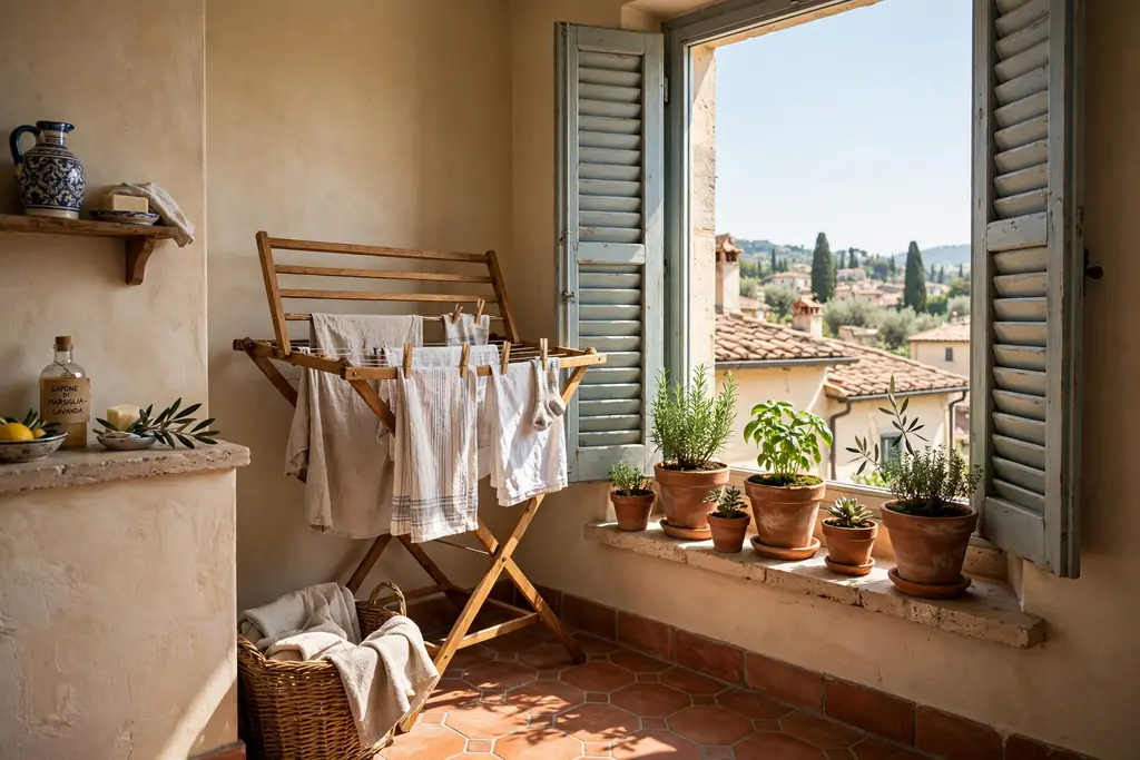 Sunny laundry room corner with a drying rack and terracotta plant pots by a window.